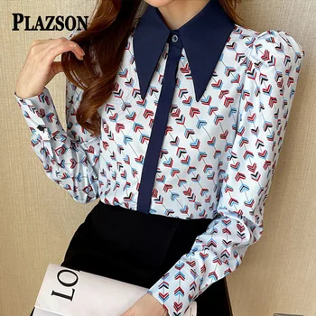 PLAZSON Office Shirt For Women Long Sleeve Lapel  Print Blouse Button-upTops camisas y blusas рубашка женская  قمصان وبلوزات