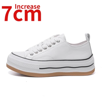 Белые туфли на толстой подошве в европейском стиле, Женская повседневная обувь из натуральной кожи, увеличивающая внутренний рост на 7 см, женская обувь, увеличивающая внутренний рост