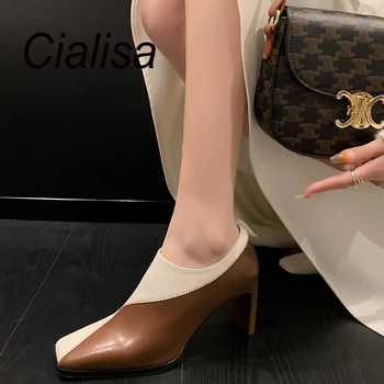 Женская обувь из натуральной кожи Cialisa, Весна 2023, Высококачественные туфли-лодочки с квадратным носком, Женская Элегантная обувь ручной работы на молнии и высоком каблуке.