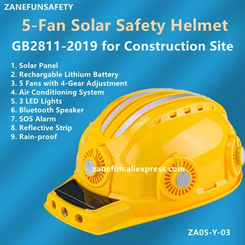 Защитный шлем на солнечной батарее с 5 вентиляторами и кондиционером Bluetooth, 3 светодиодных фонаря, литиевая батарея SOS емкостью 16000 мА, строительный защитный шлем
