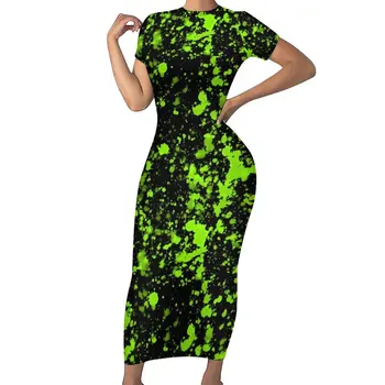 Зеленое платье с брызгами краски, женское стильное облегающее платье с неоновым принтом, Летние элегантные макси-платья, одежда на заказ оверсайз