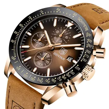Мужские наручные часы Benyar с кожаным ремешком, модные спортивные водонепроницаемые аналоговые кварцевые часы с хронографом, элегантный подарок для мужчин