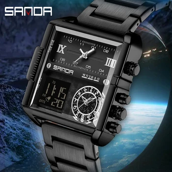 Мужские часы бренда SANDA, Мужские часы с двойным дисплеем времени, Цифровой кварцевый секундомер, Будильники, Спортивные часы 9008, Водонепроницаемые Военные