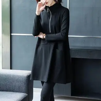 Однотонная футболка с круглым вырезом на молнии, женская осенне-зимняя толстовка с длинным рукавом, свободная туника в корейском стиле с карманами, топы