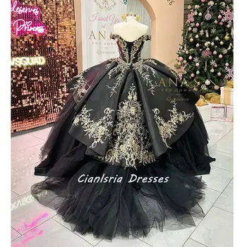 Черное пышное платье с оборками и открытыми плечами, бальное платье С аппликацией из золотых блесток, корсет Sweet 15 Vestidos De Quinceanera