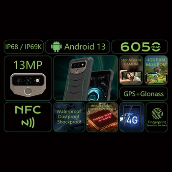 HOTWAV T5 MAX Прочный Смартфон Android 13 6050 мАч 4 ГБ + 64 ГБ Мобильный Телефон С поддержкой NFC 6,0 