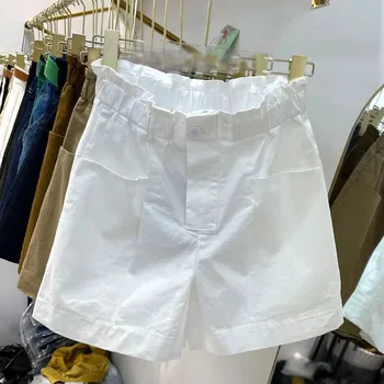 Белые, цвета Хаки, эластичные, с высокой талией, широкие шорты, женские летние повседневные короткие брюки для горячей девушки, Винтажные Свободные шорты с карманами, женские Изображение 2
