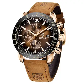 Мужские наручные часы Benyar с кожаным ремешком, модные спортивные водонепроницаемые аналоговые кварцевые часы с хронографом, элегантный подарок для мужчин Изображение 2