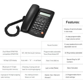 Настольный проводной телефон Телефон с жидкокристаллическим дисплеем Идентификатор вызывающего абонента, калькулятор с регулируемой громкостью, будильник для колл-центра, офиса, отеля Изображение 2