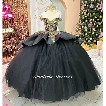 Черное пышное платье с оборками и открытыми плечами, бальное платье С аппликацией из золотых блесток, корсет Sweet 15 Vestidos De Quinceanera Изображение 2